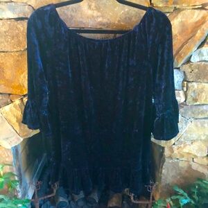 Peasant Style Crushed Velvet M/L Navy Blue Top Long 3/4 Ruffled Sleeves; NWOT